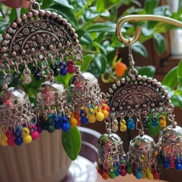 Fun Festival Earrings, Large Beaded Jhumka - Picture 3 of 3